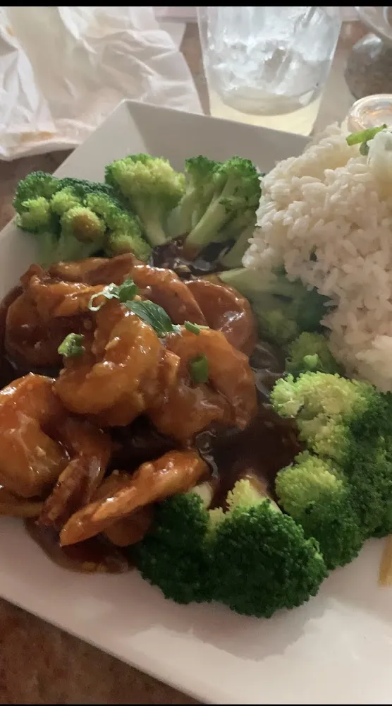 Shrimp and Broccoli with Garlic Sauce and White Rice